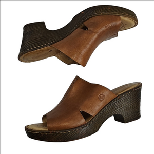 Born Melyssa Tan Leather Open Toe Slip On Platform Comfort Slide Sandal Clog